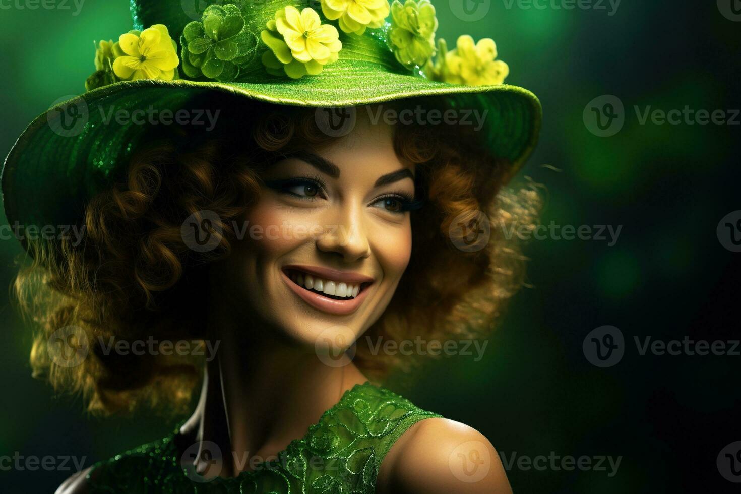 AI generated St. Patrick's Day. Portrait of a beautiful young woman wearing a leprechaun hat. photo