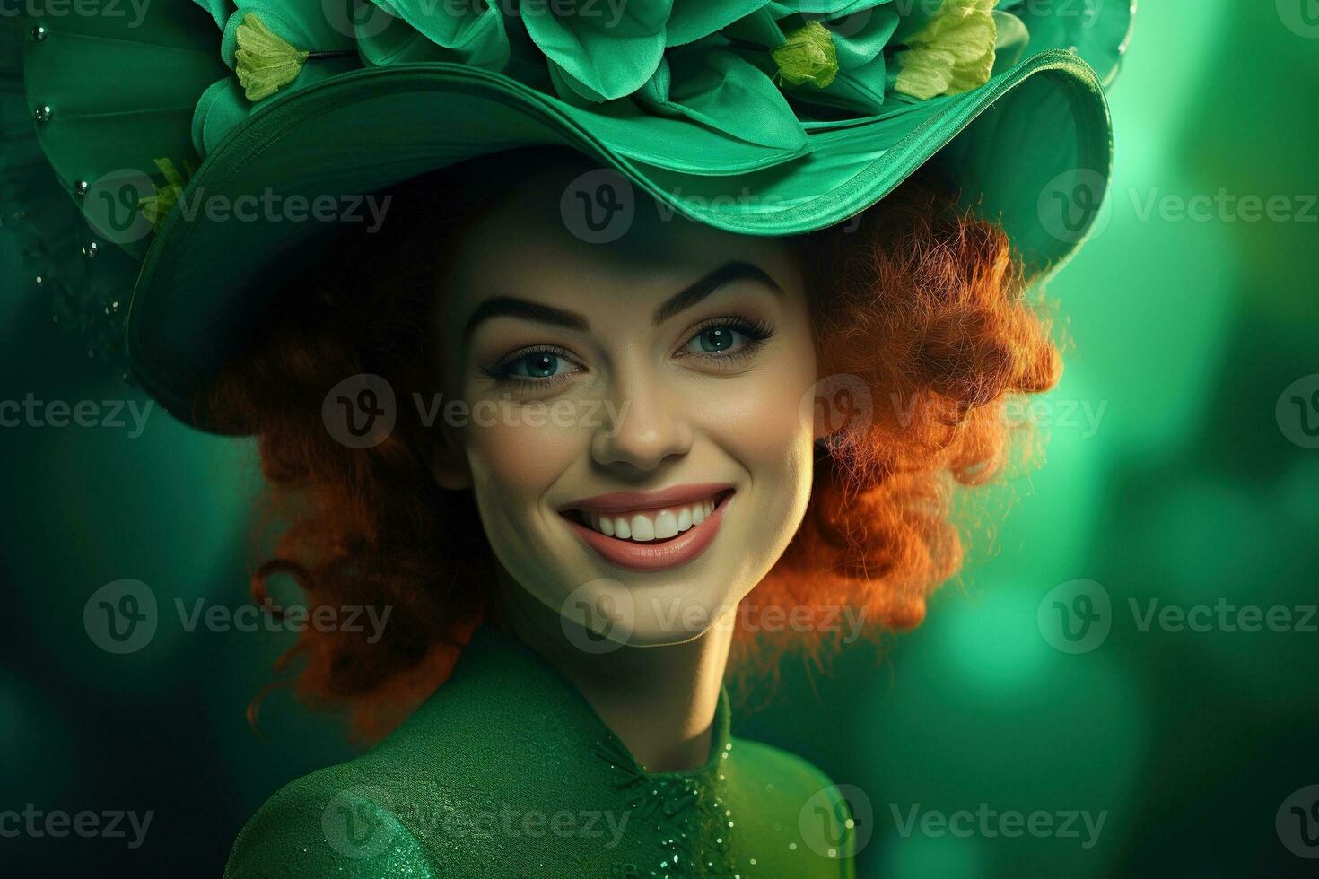 AI generated St. Patrick's Day. Portrait of a beautiful young woman wearing a leprechaun hat. photo