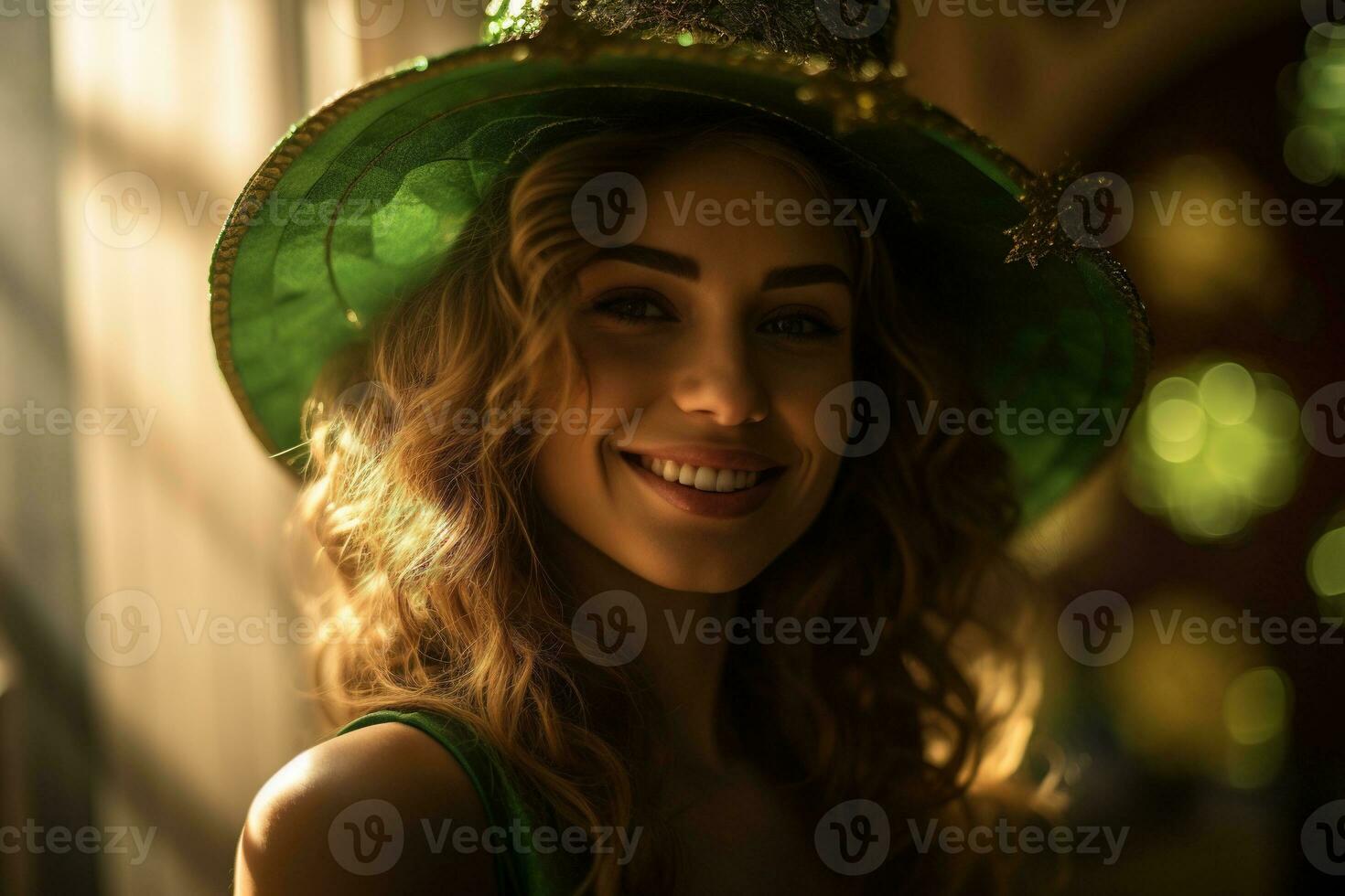 AI generated St. Patrick's Day. Portrait of a beautiful young woman wearing a leprechaun hat. photo