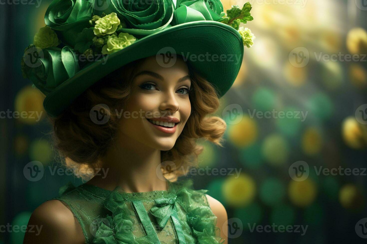 AI generated St. Patrick's Day. Portrait of a beautiful young woman wearing a leprechaun hat. photo