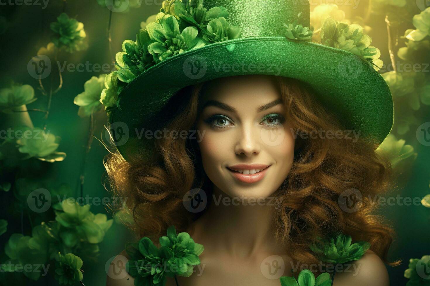 AI generated St. Patrick's Day. Portrait of a beautiful young woman wearing a leprechaun hat. photo