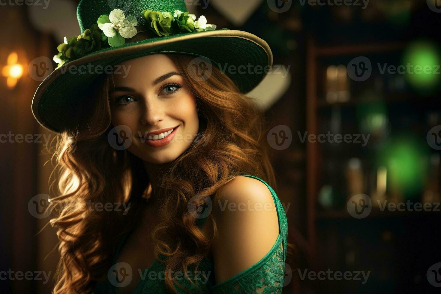 AI generated St. Patrick's Day. Portrait of a beautiful young woman wearing a leprechaun hat. photo