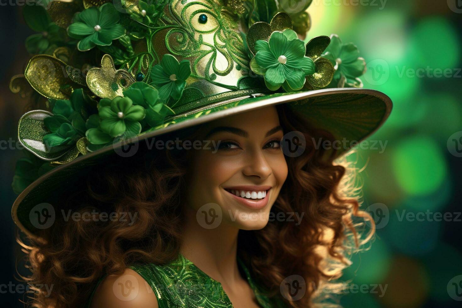 AI generated St. Patrick's Day. Portrait of a beautiful young woman wearing a leprechaun hat. photo