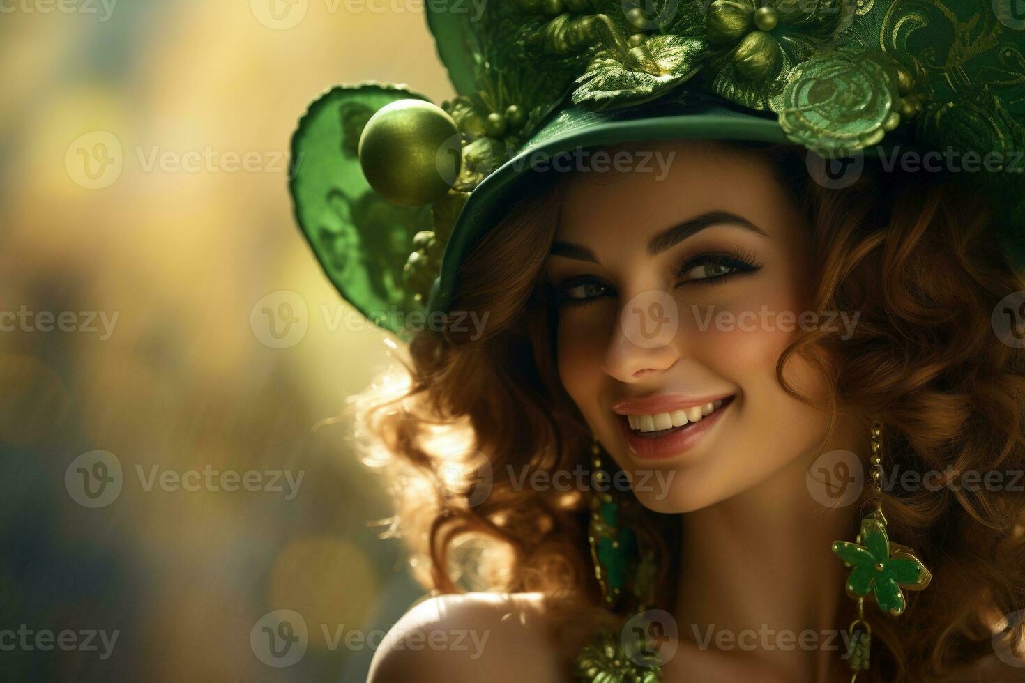 AI generated St. Patrick's Day. Portrait of a beautiful young woman wearing a leprechaun hat. photo