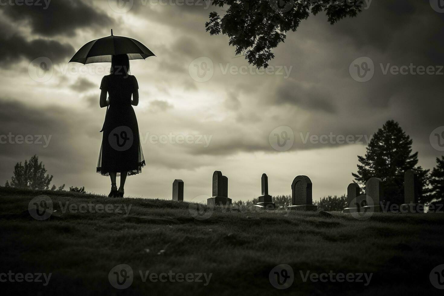 AI generated Beautiful young woman with umbrella in the cemetery photo