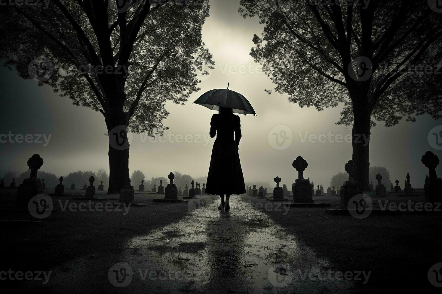 AI generated Beautiful young woman with umbrella in the cemetery photo