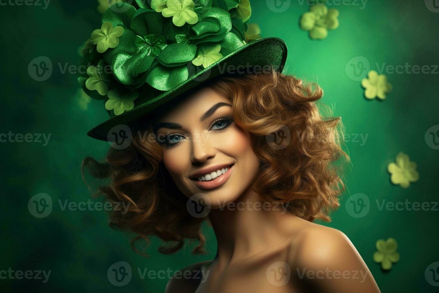 AI generated St. Patrick's Day. Portrait of a beautiful young woman wearing a leprechaun hat. photo