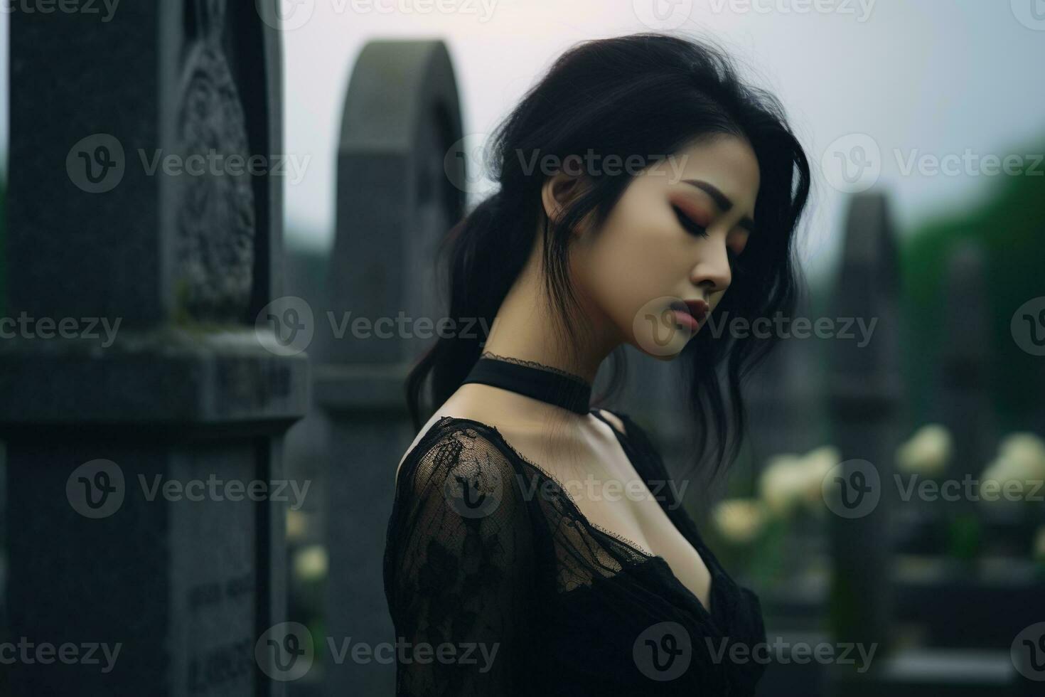 ai generado hermosa joven mujer en el antiguo cementerio. foto