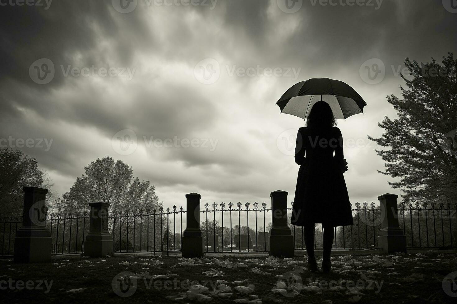 AI generated Beautiful young woman with umbrella in the cemetery photo