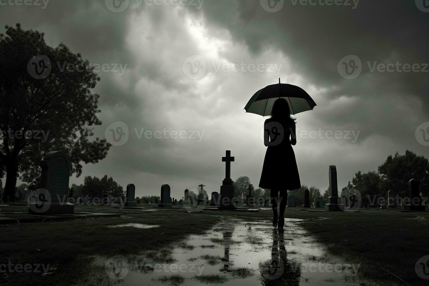 AI generated Beautiful young woman with umbrella in the cemetery photo