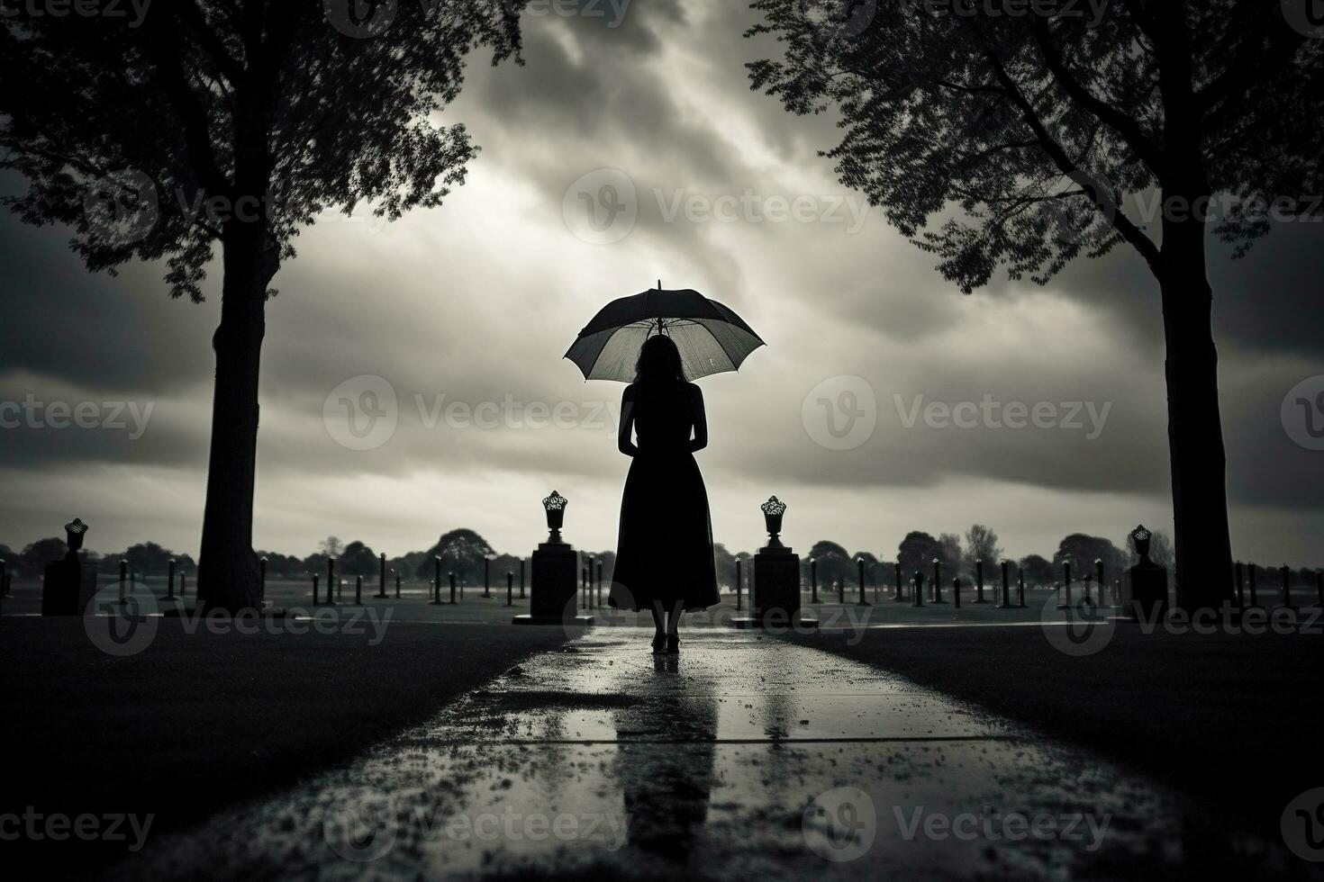 AI generated Beautiful young woman with umbrella in the cemetery photo