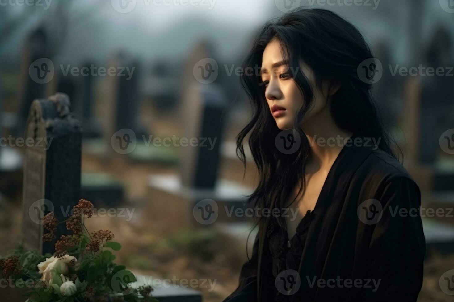 AI generated Beautiful young woman in the old cemetery. photo