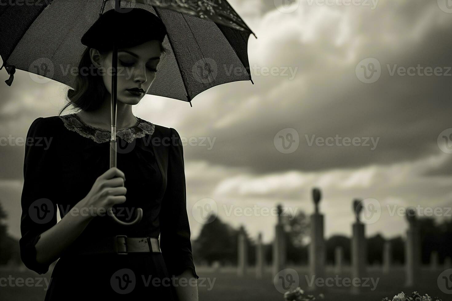 AI generated Beautiful young woman with umbrella in the cemetery photo