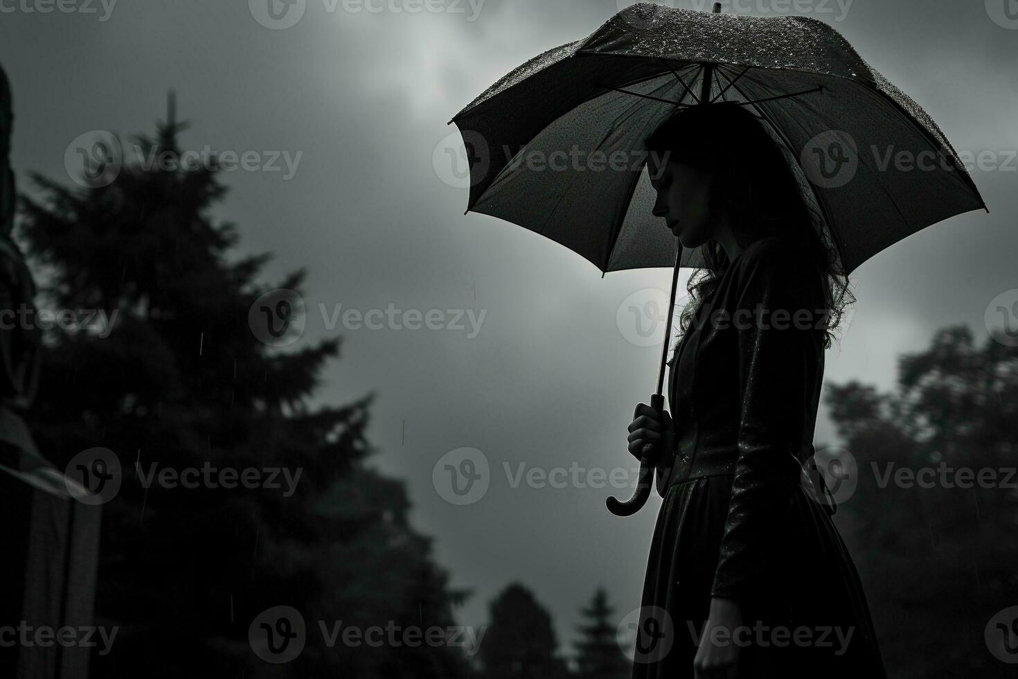 AI generated Beautiful young woman with umbrella in the cemetery photo