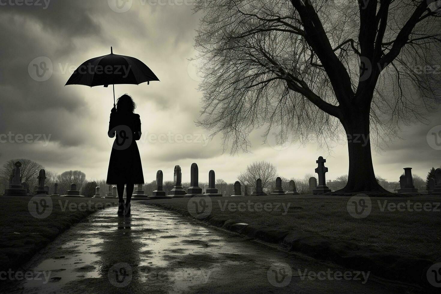 AI generated Beautiful young woman with umbrella in the cemetery photo
