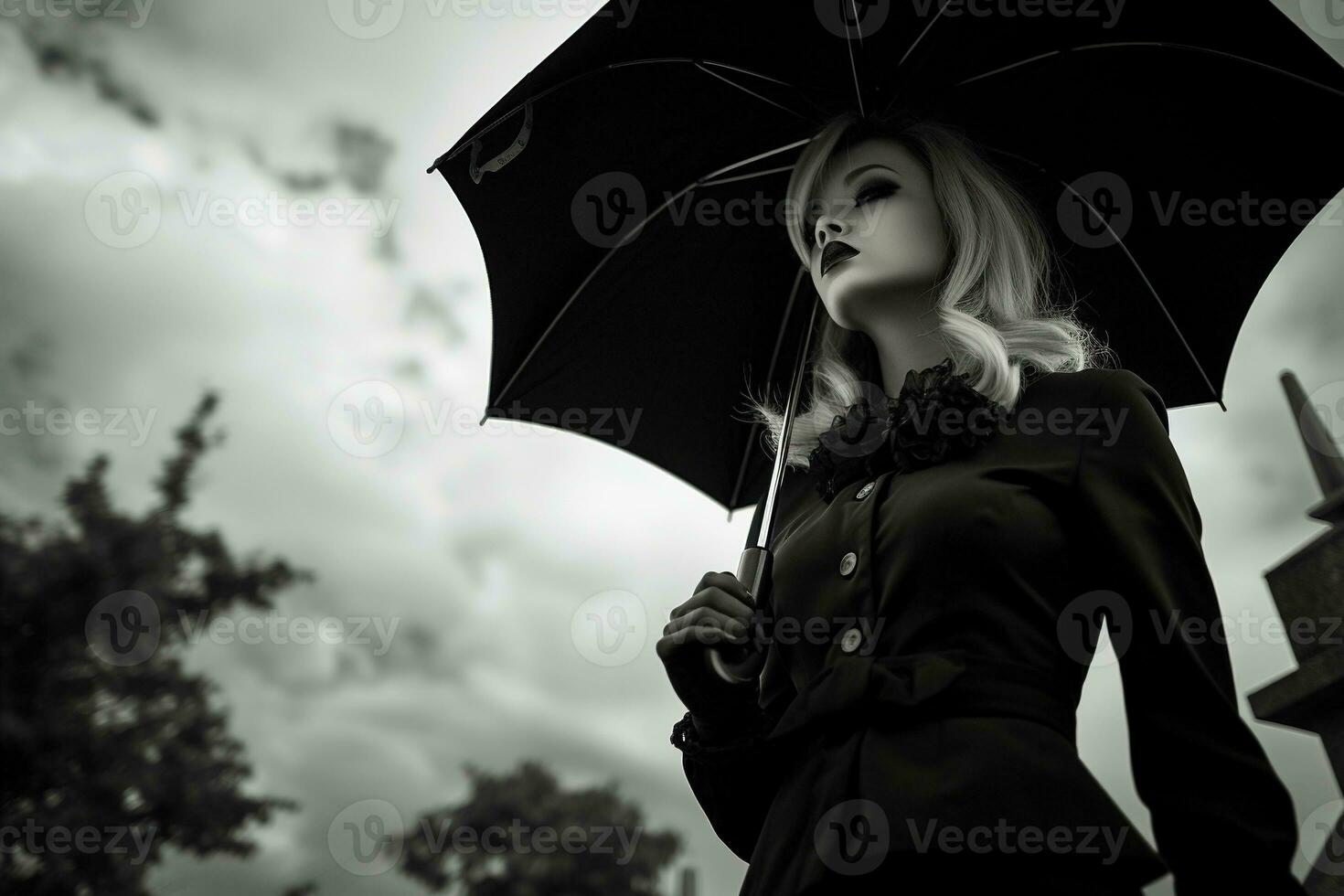 AI generated Beautiful young woman with umbrella in the cemetery photo