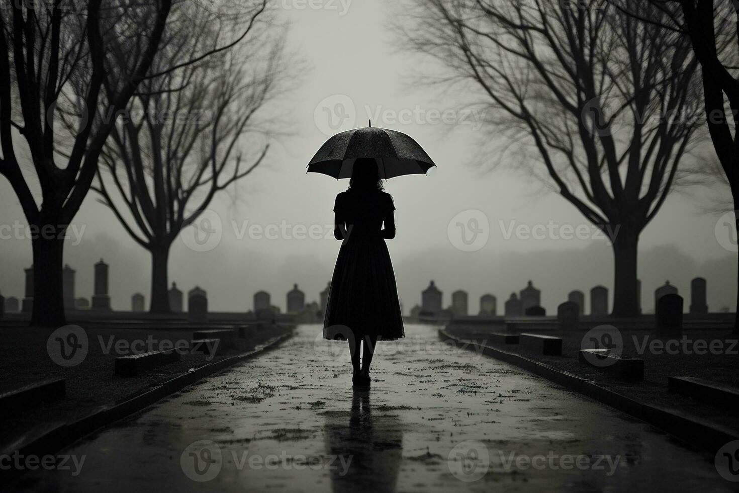 AI generated Beautiful young woman with umbrella in the cemetery photo