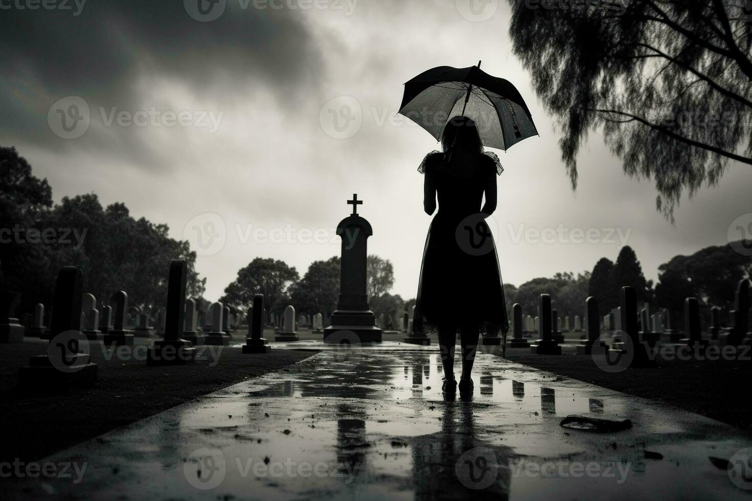 AI generated Beautiful young woman with umbrella in the cemetery photo