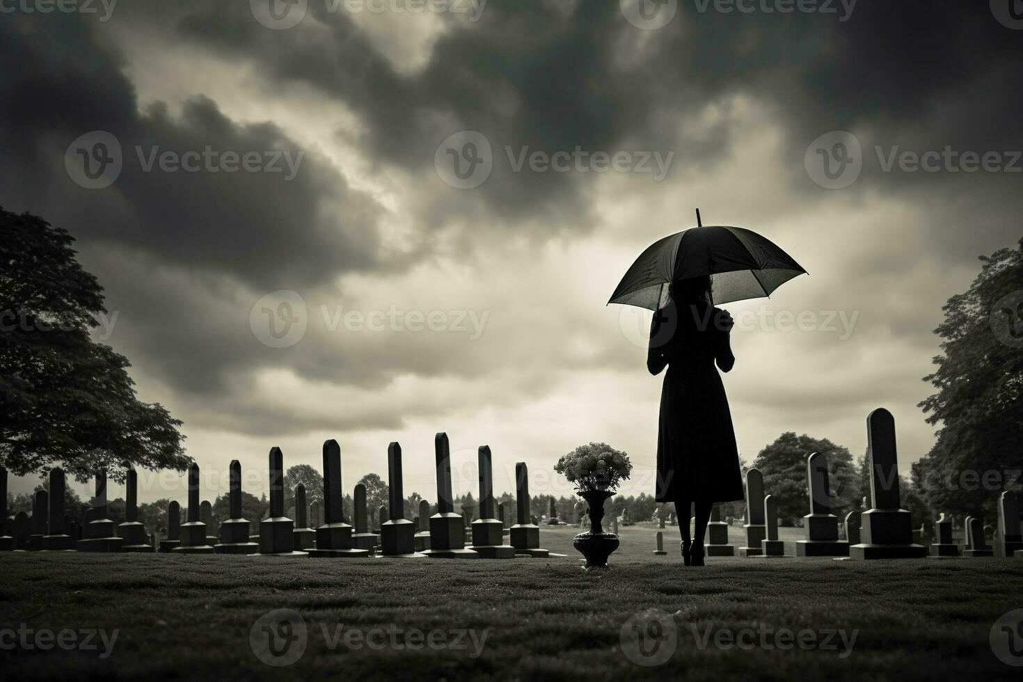 AI generated Beautiful young woman with umbrella in the cemetery photo