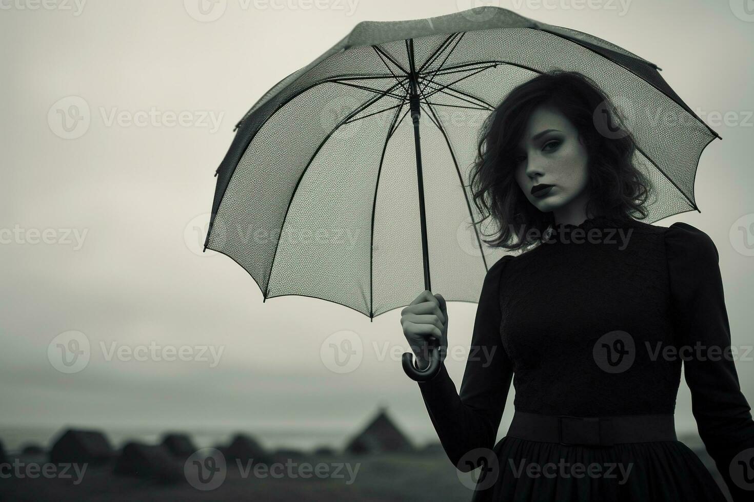 AI generated Beautiful young woman with umbrella in the cemetery photo