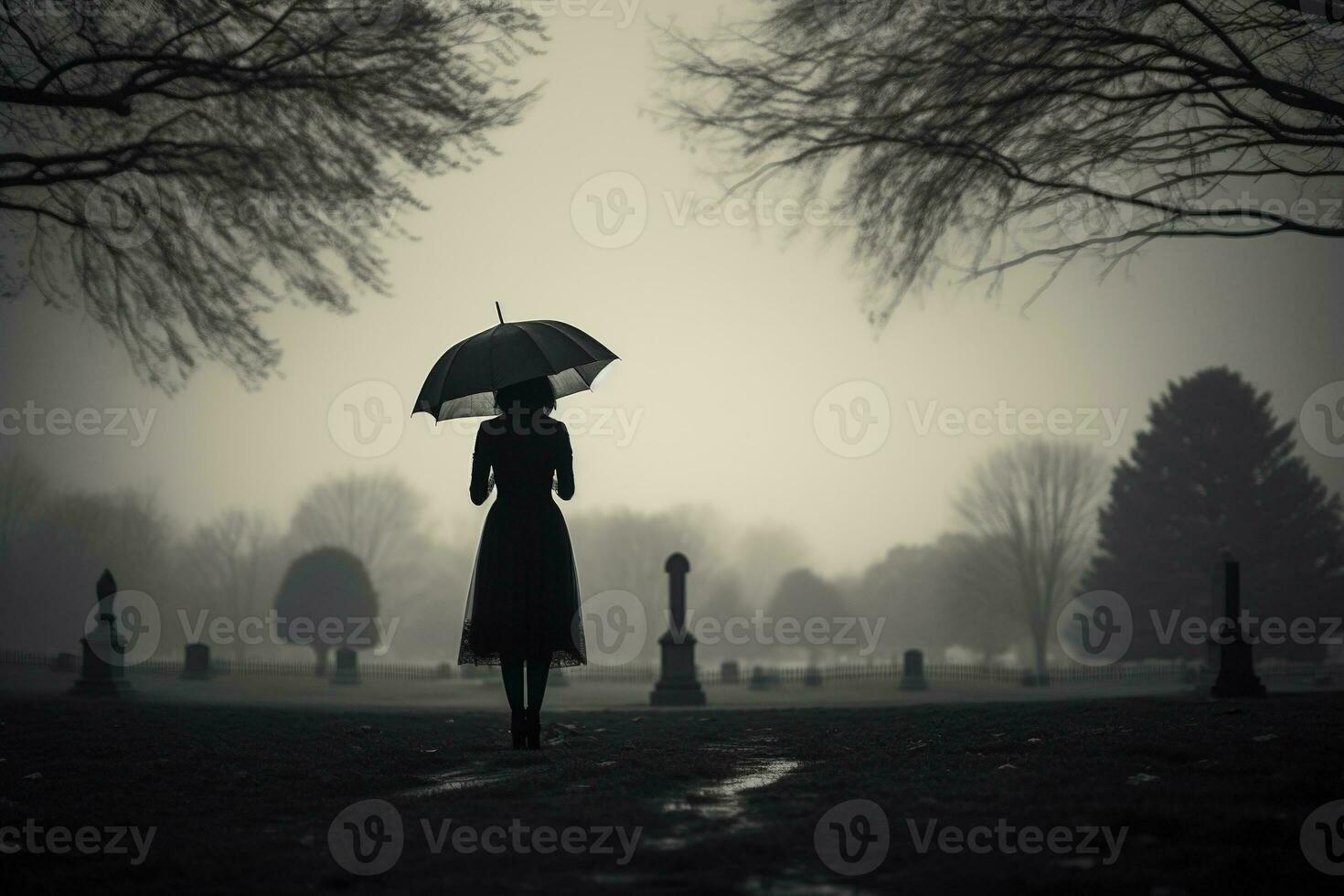 AI generated Beautiful young woman with umbrella in the cemetery photo