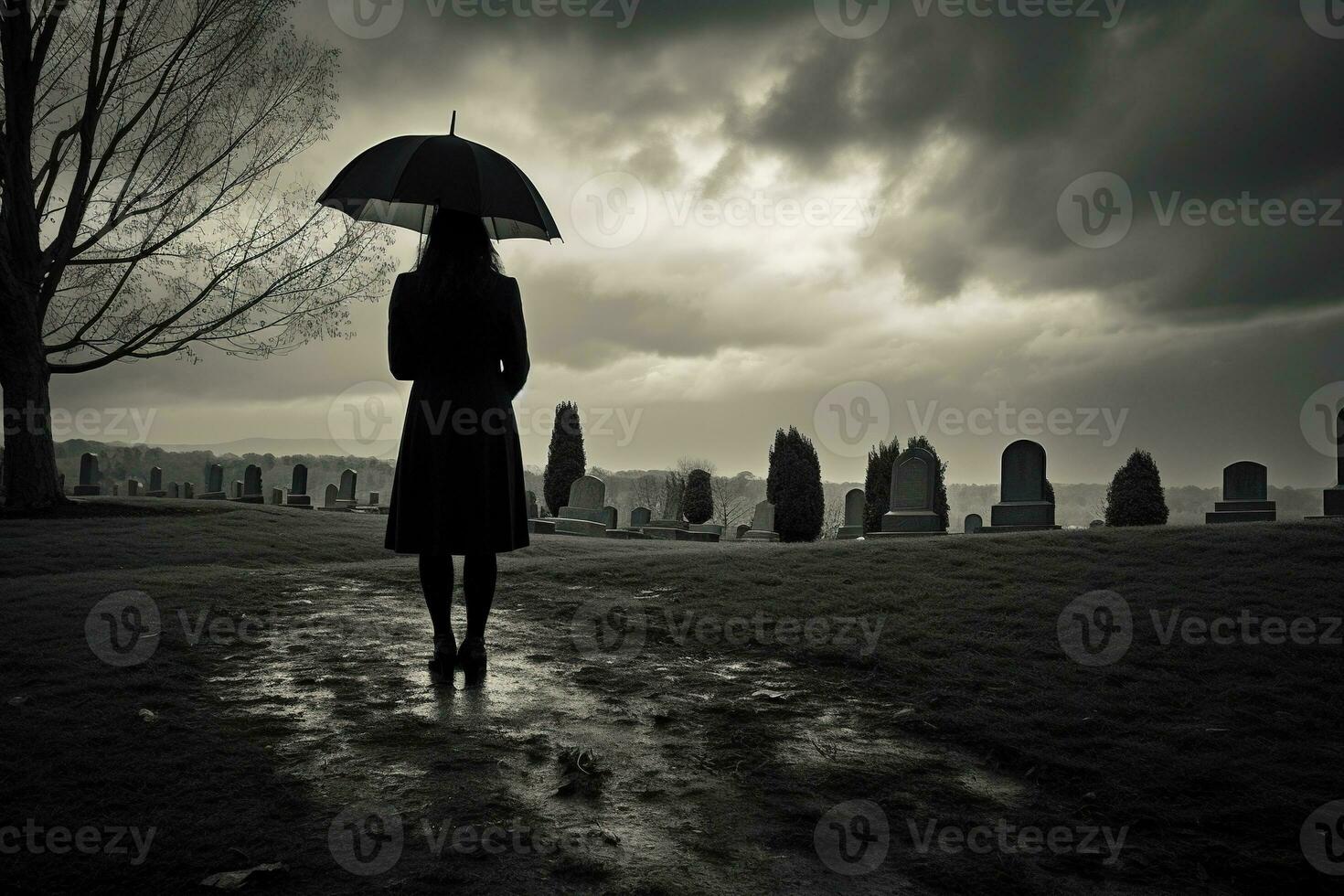AI generated Beautiful young woman with umbrella in the cemetery photo
