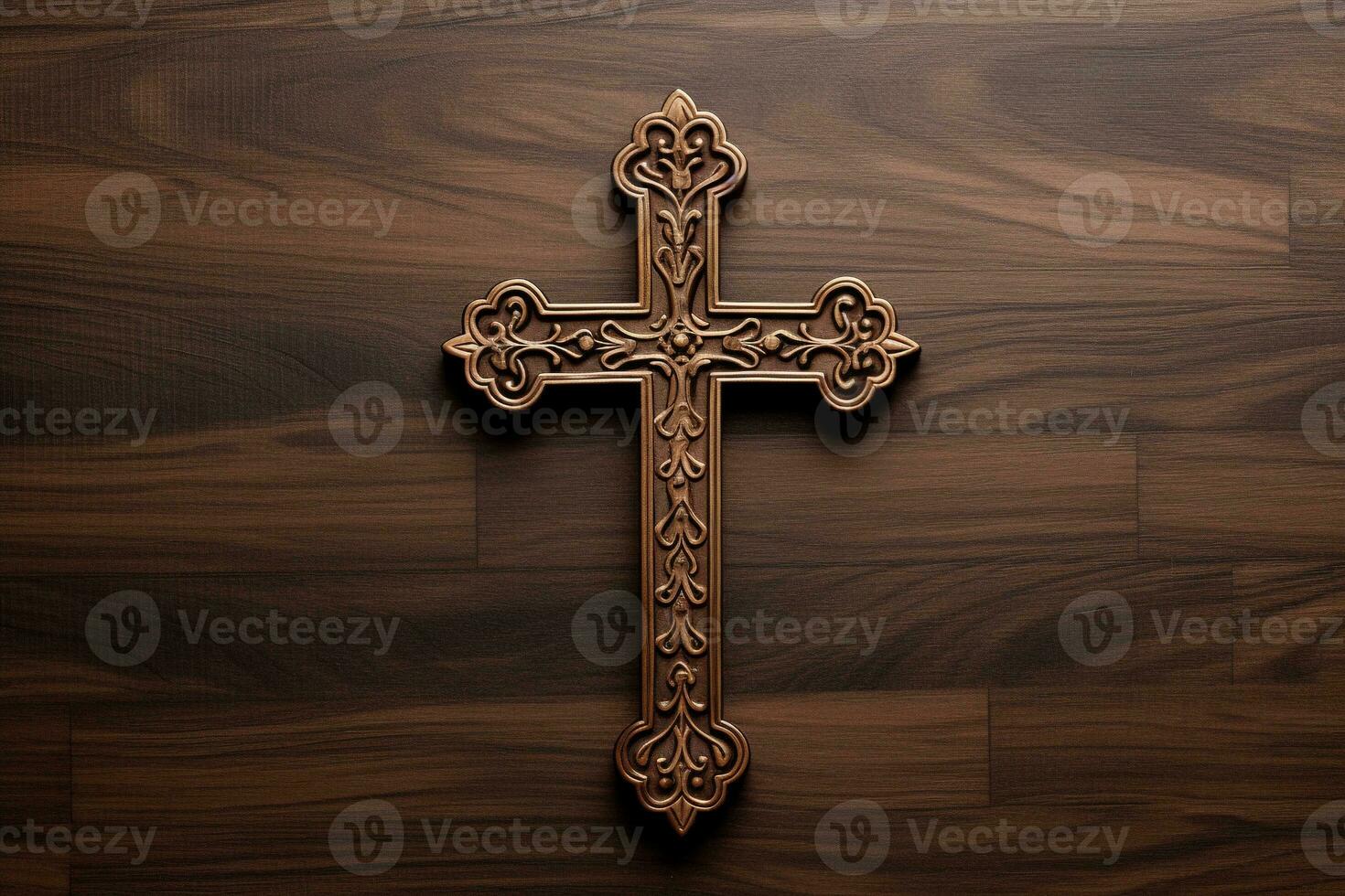 AI generated Wooden christian cross on a wooden background.Christian religion concept. photo