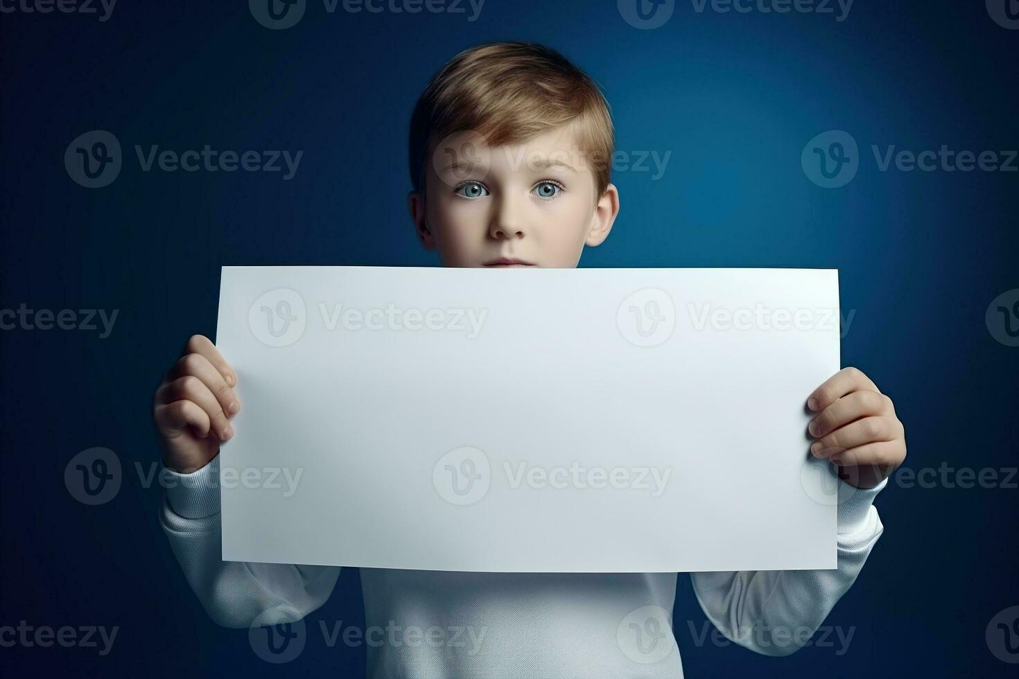 AI generated Little boy holding a blank white sheet of paper photo