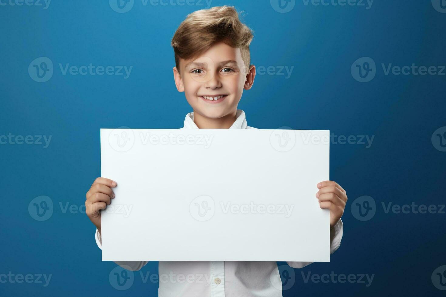 AI generated Little boy holding a blank white sheet of paper photo