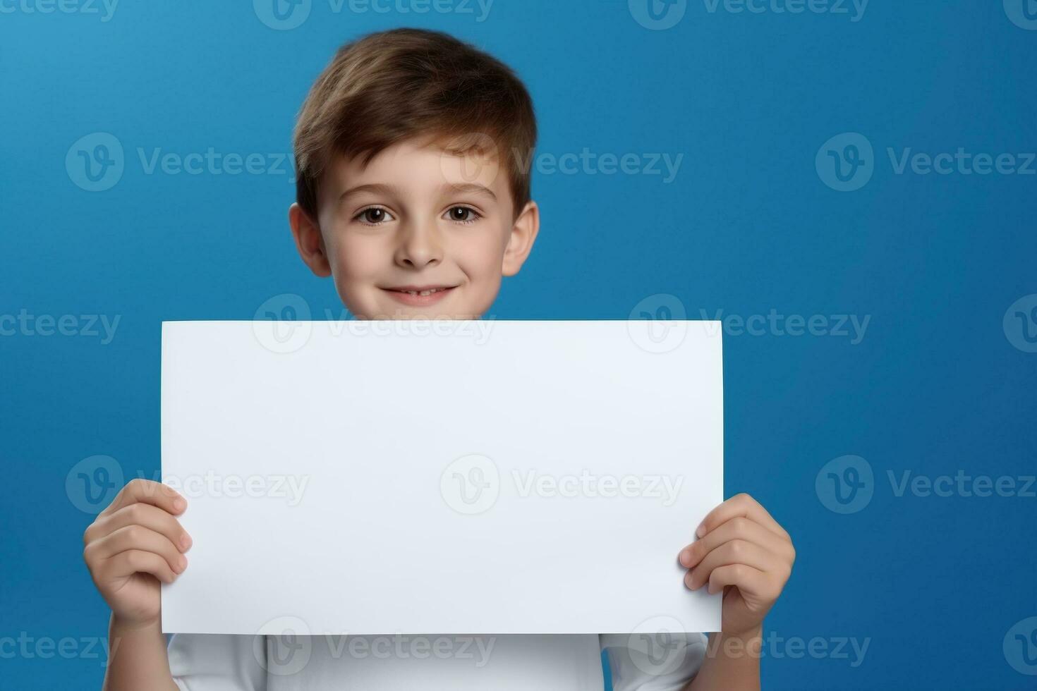 AI generated Little boy holding a blank white sheet of paper photo