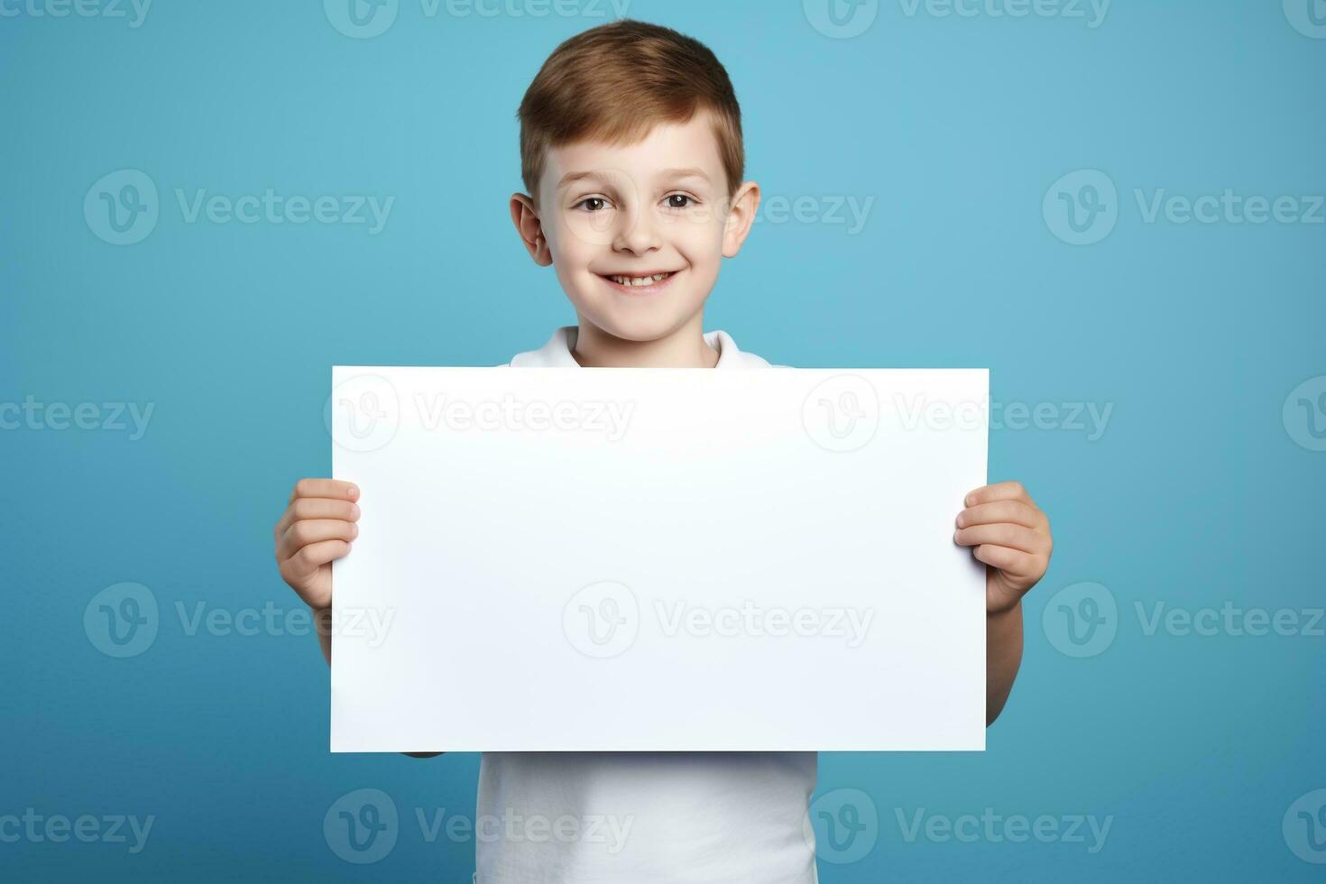 AI generated Little boy holding a blank white sheet of paper photo