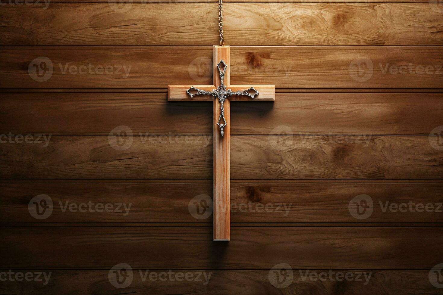 AI generated Wooden christian cross on a wooden background.Christian religion concept. photo