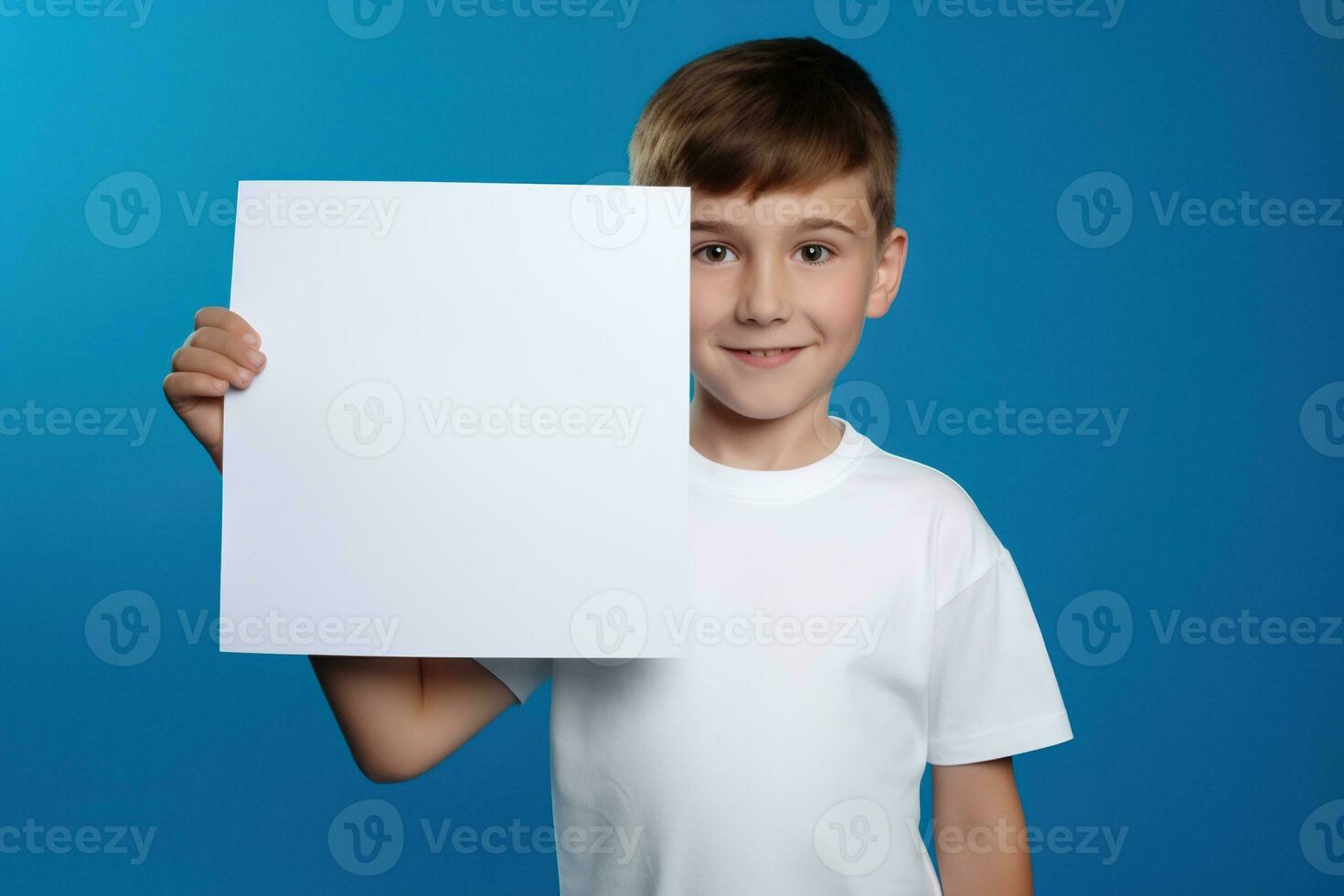 AI generated Little boy holding a blank white sheet of paper photo