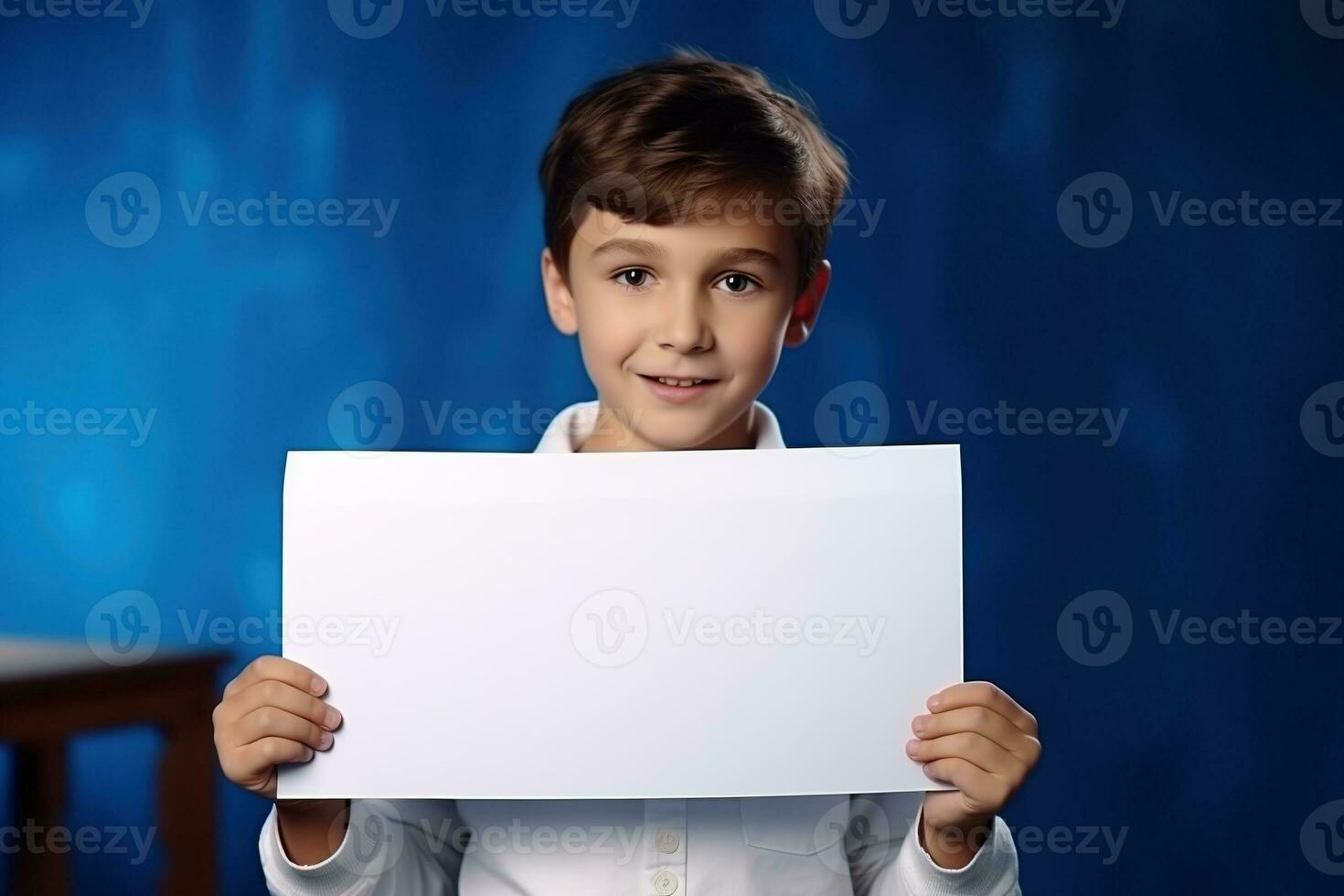 AI generated Little boy holding a blank white sheet of paper photo