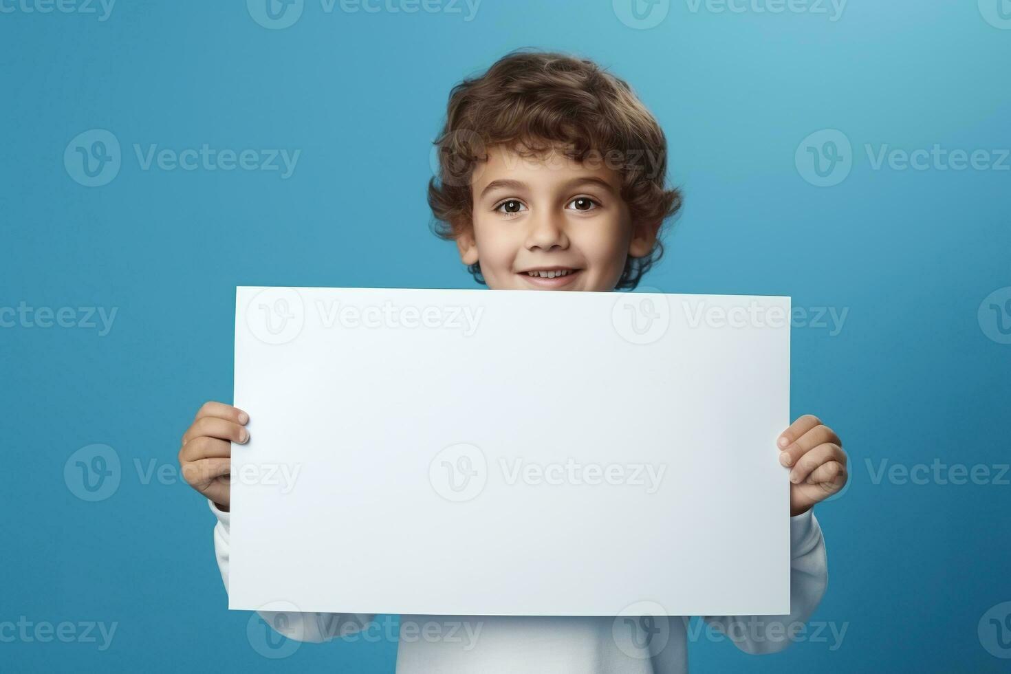 AI generated Little boy holding a blank white sheet of paper photo