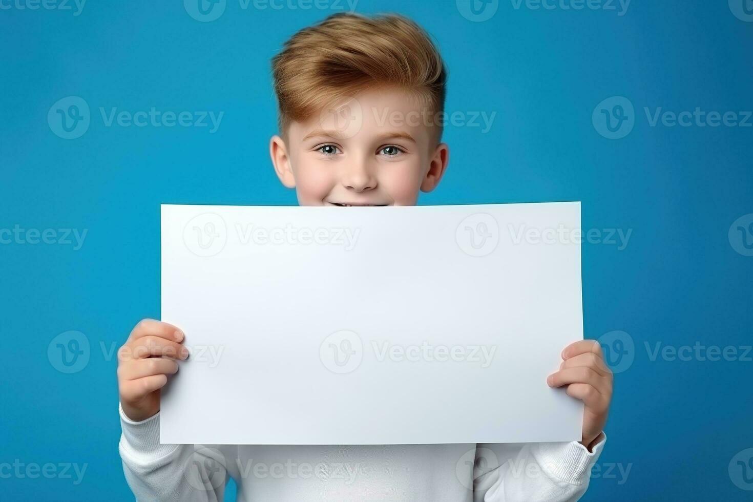 AI generated Little boy holding a blank white sheet of paper photo