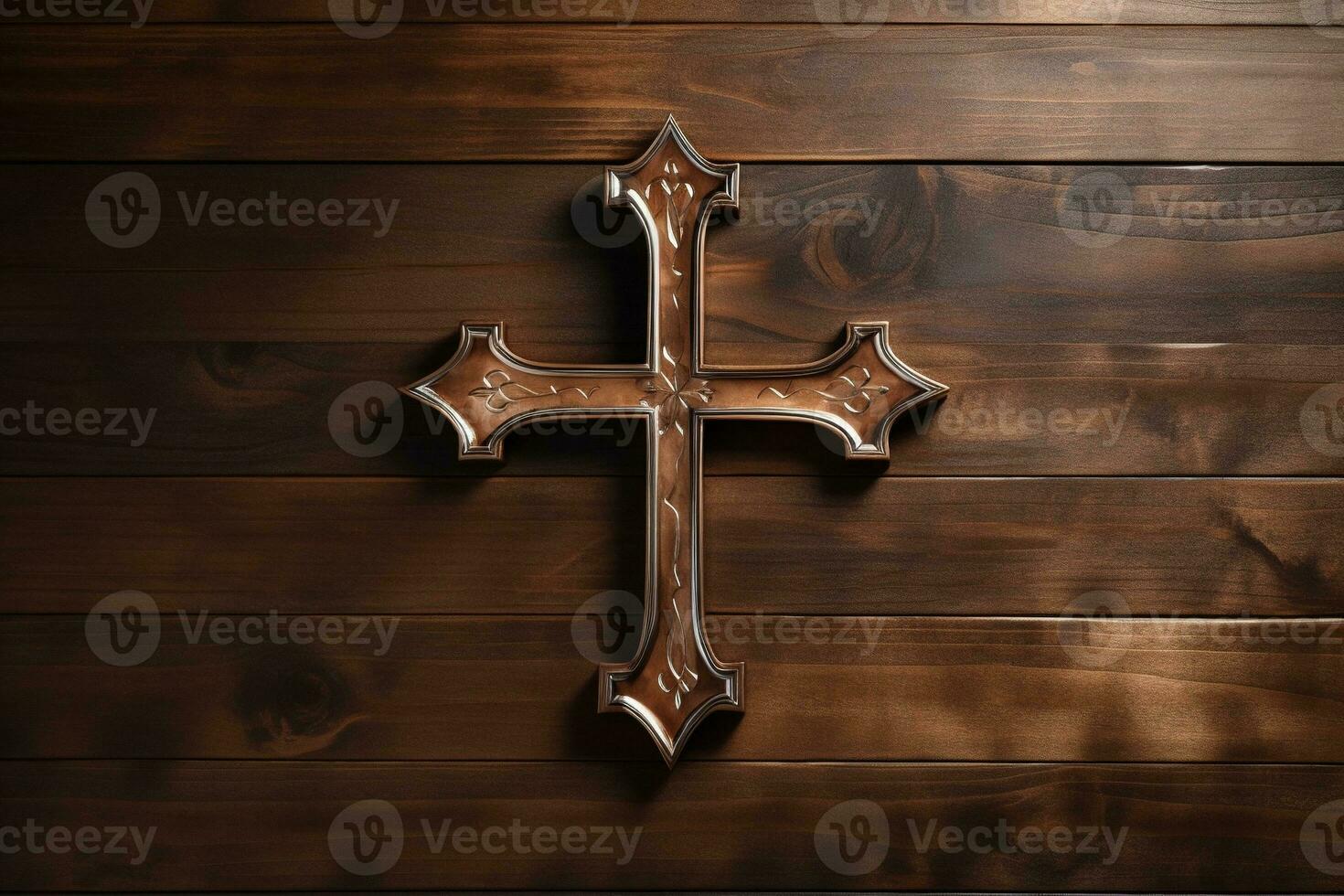 AI generated Wooden christian cross on a wooden background.Christian religion concept. photo