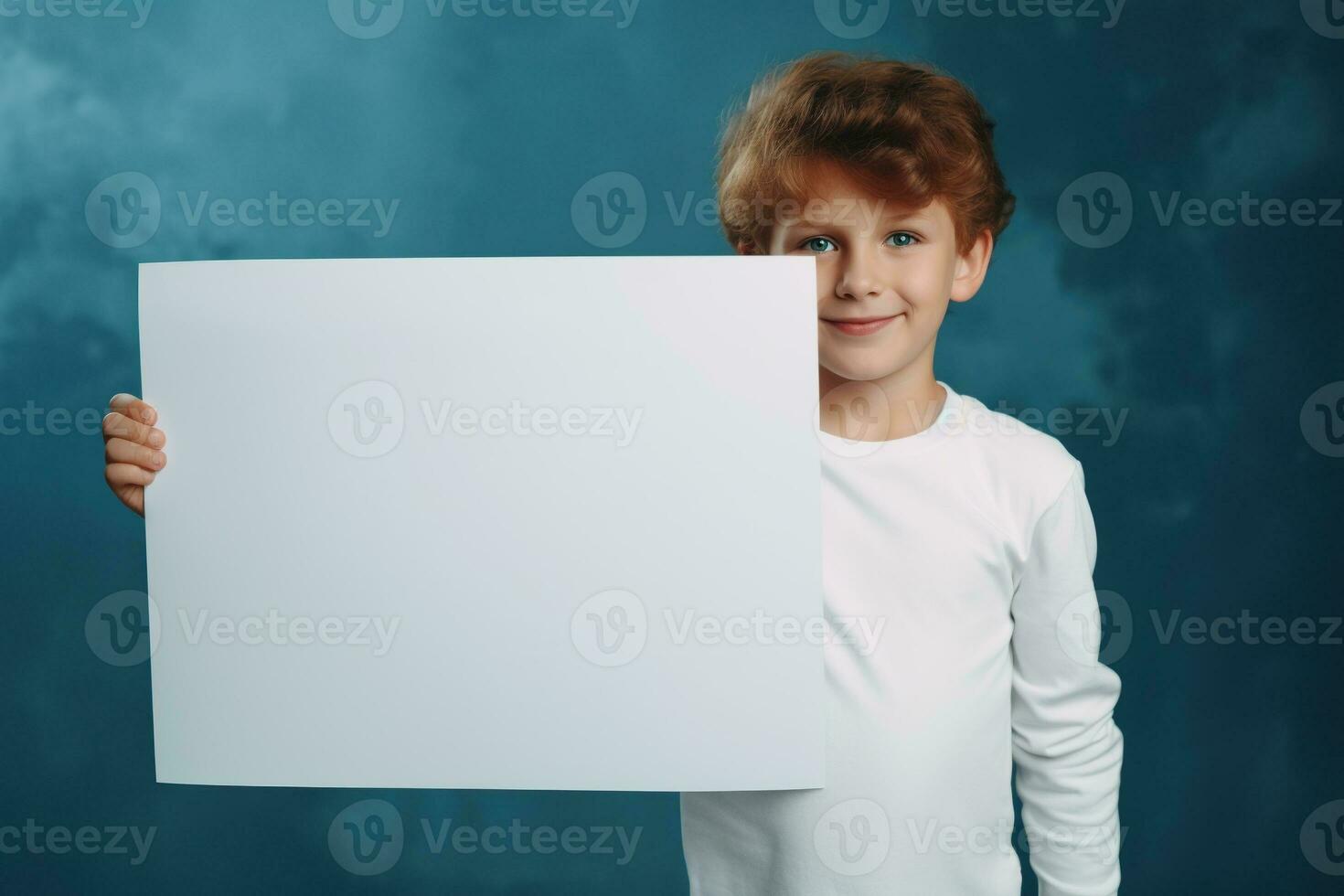 AI generated Little boy holding a blank white sheet of paper photo