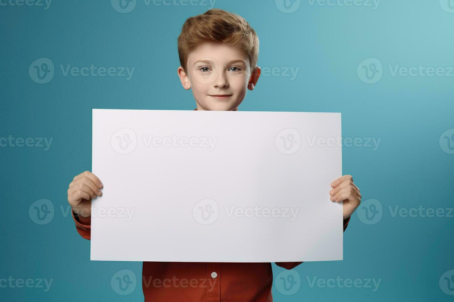 AI generated Little boy holding a blank white sheet of paper photo