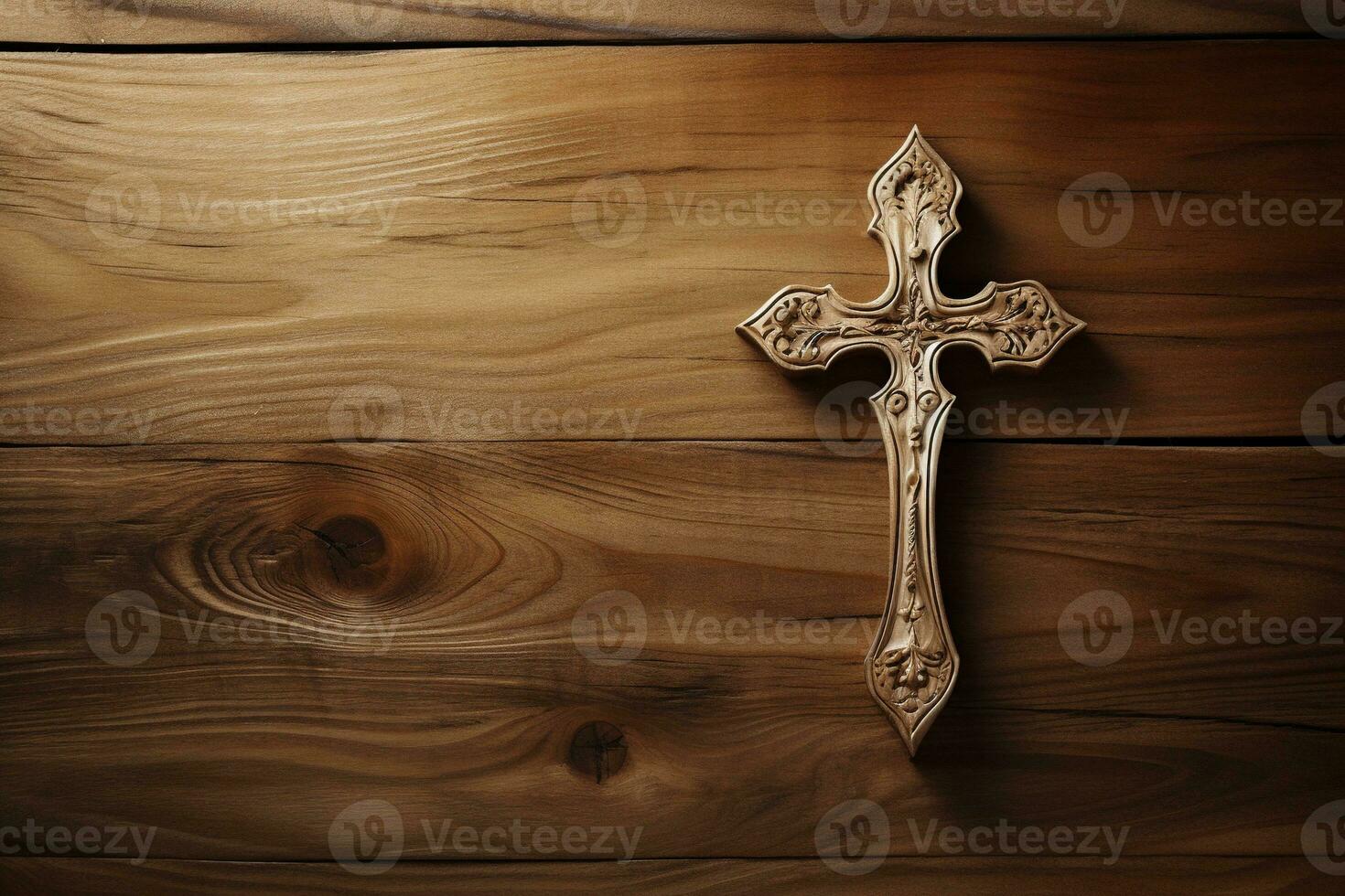 AI generated Wooden christian cross on a wooden background.Christian religion concept. photo