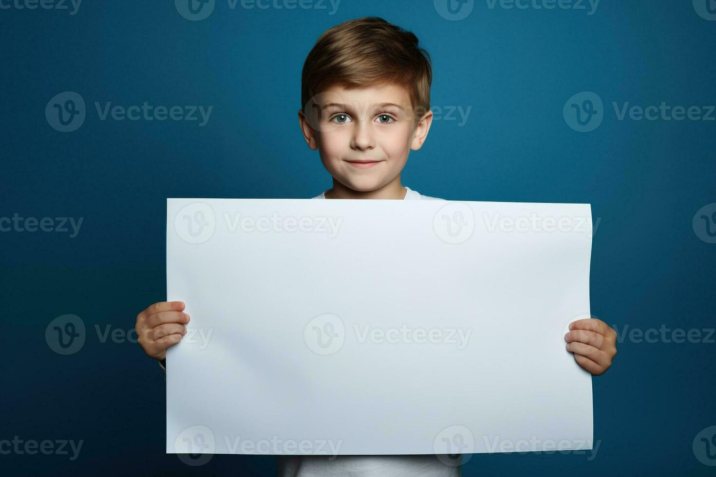 AI generated Little boy holding a blank white sheet of paper photo