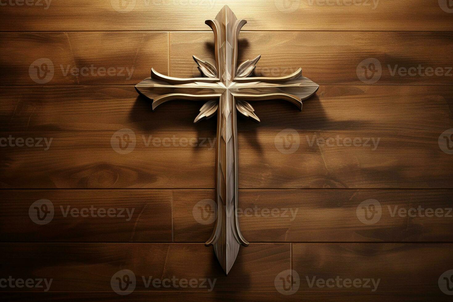 AI generated Wooden christian cross on a wooden background.Christian religion concept. photo