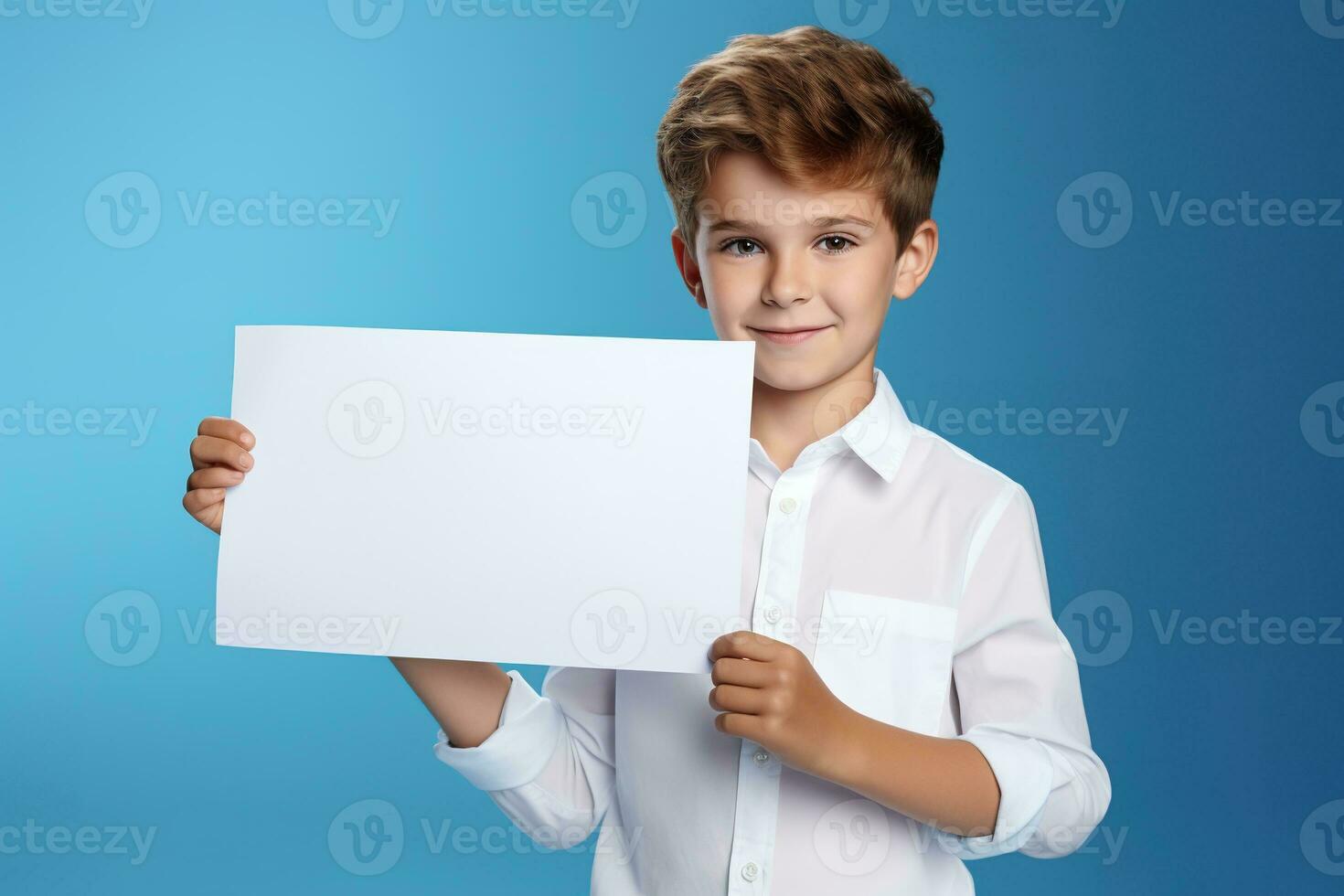 ai generado pequeño chico participación un blanco blanco sábana de papel foto