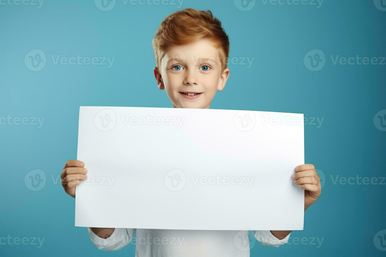 AI generated Little boy holding a blank white sheet of paper photo