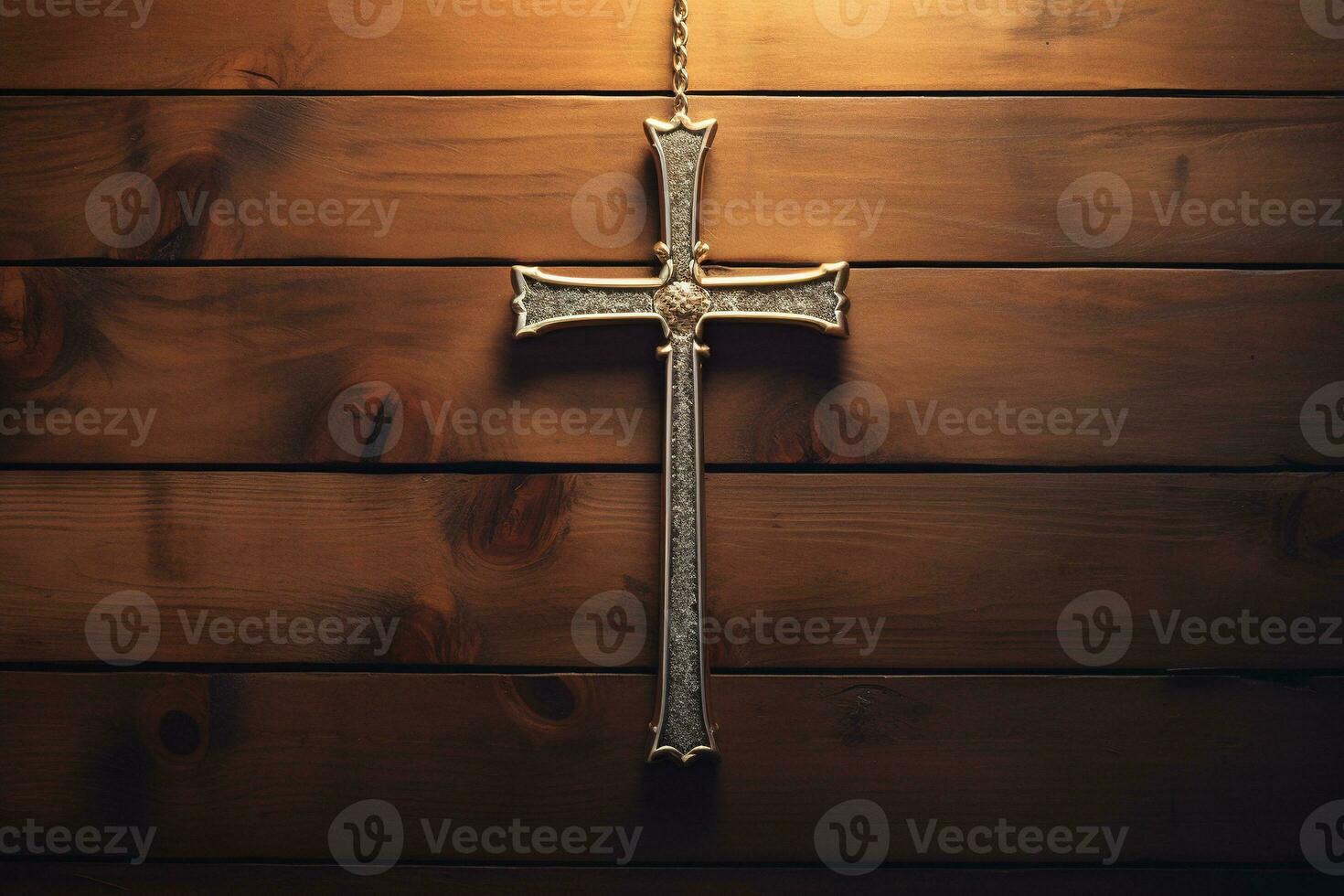 AI generated Wooden christian cross on a wooden background.Christian religion concept. photo