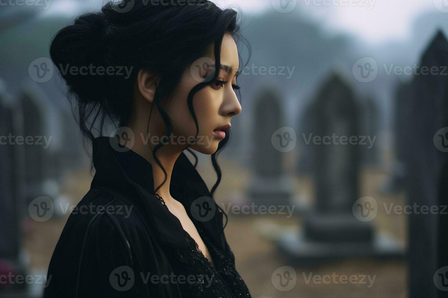 AI generated Beautiful young woman in the old cemetery. photo