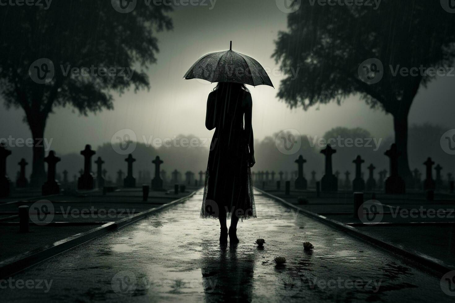 AI generated Beautiful young woman with umbrella in the cemetery photo