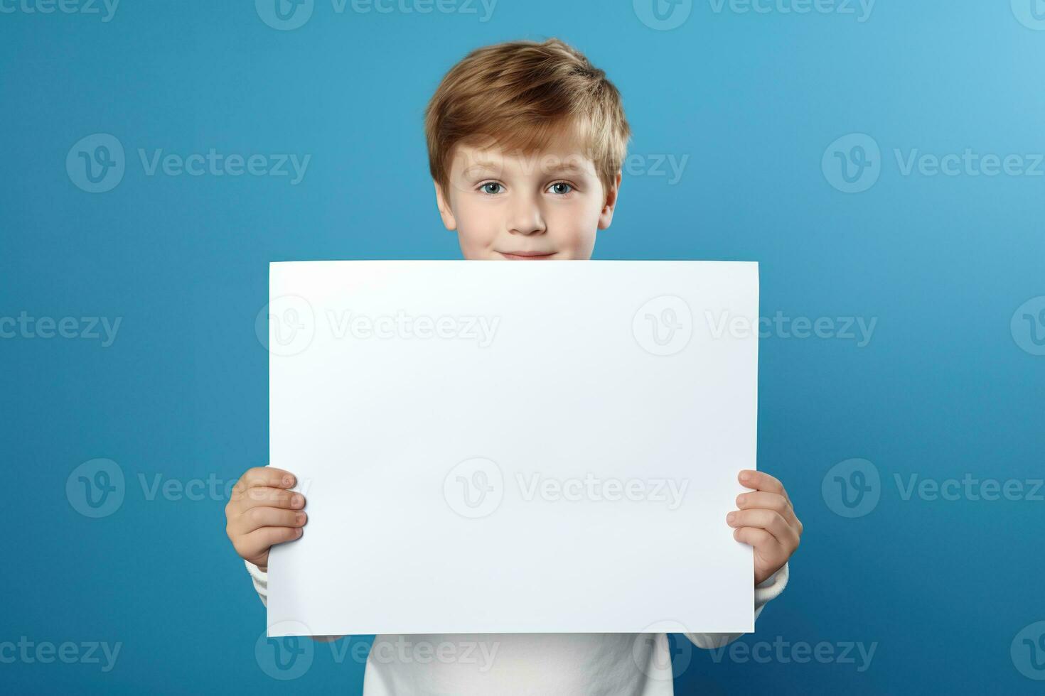 AI generated Little boy holding a blank white sheet of paper photo