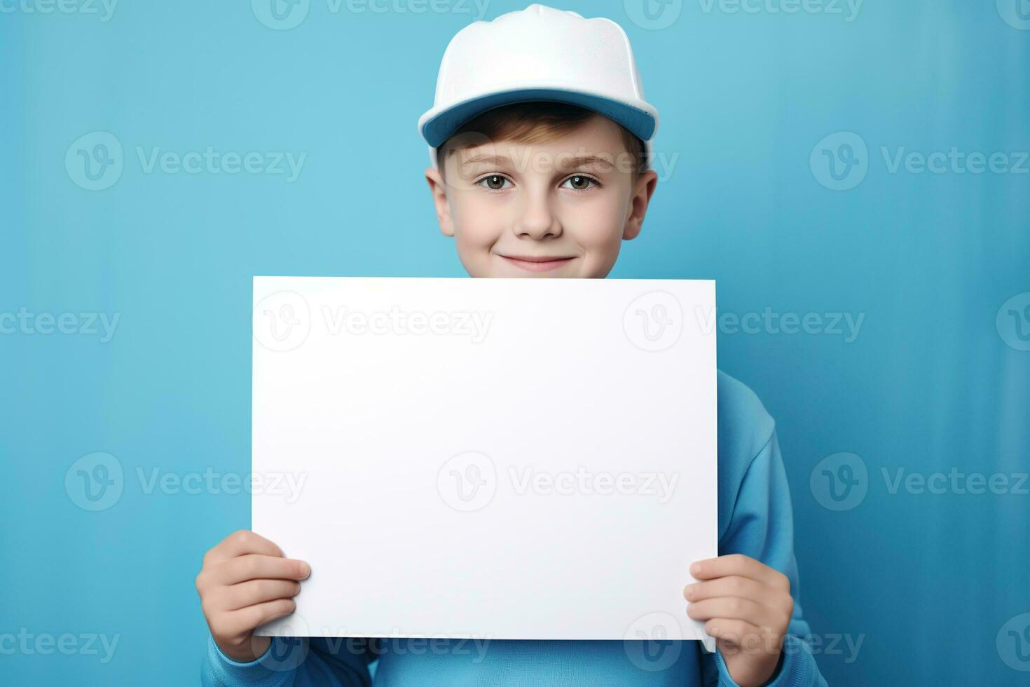 AI generated Little boy holding a blank white sheet of paper photo