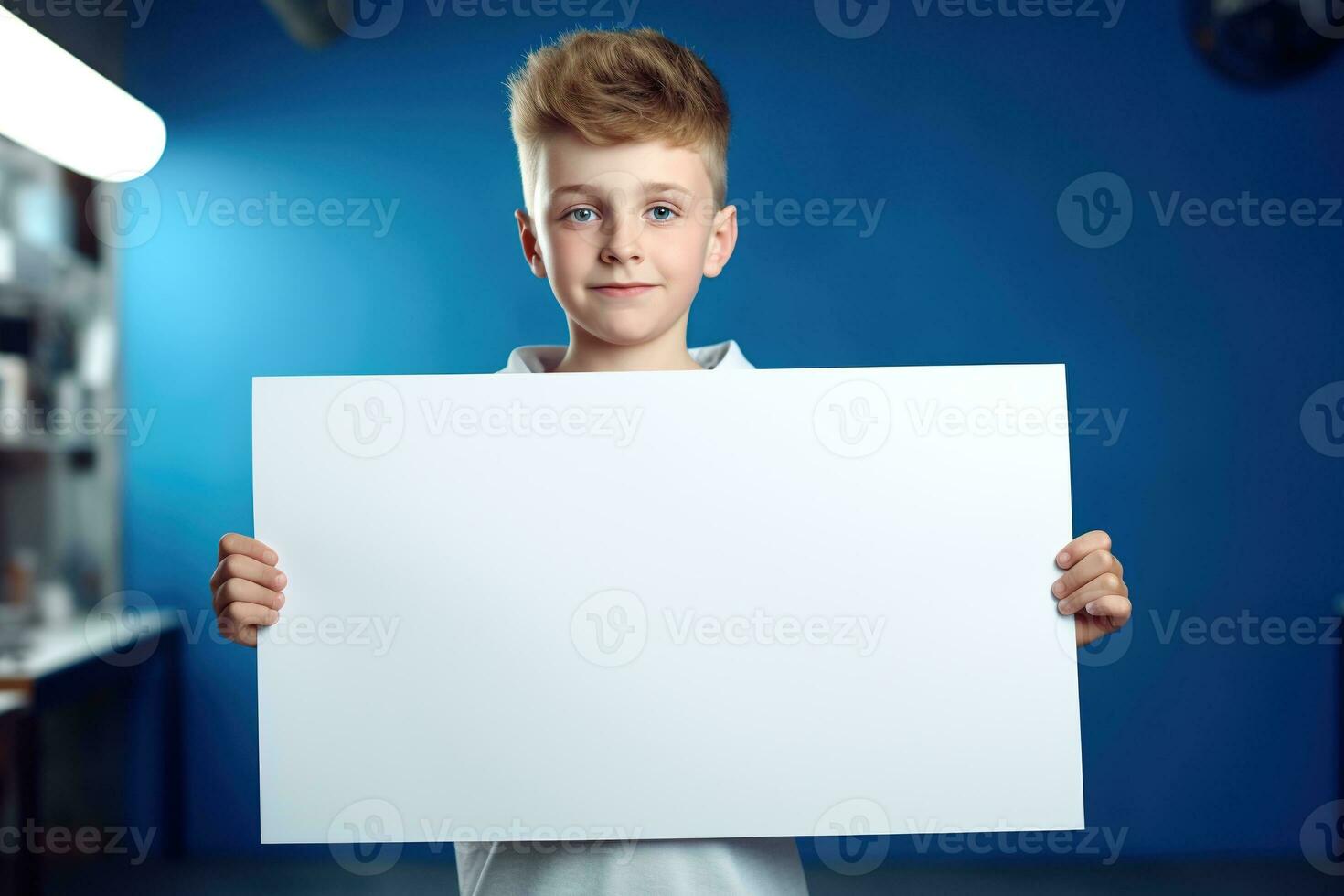 AI generated Little boy holding a blank white sheet of paper photo